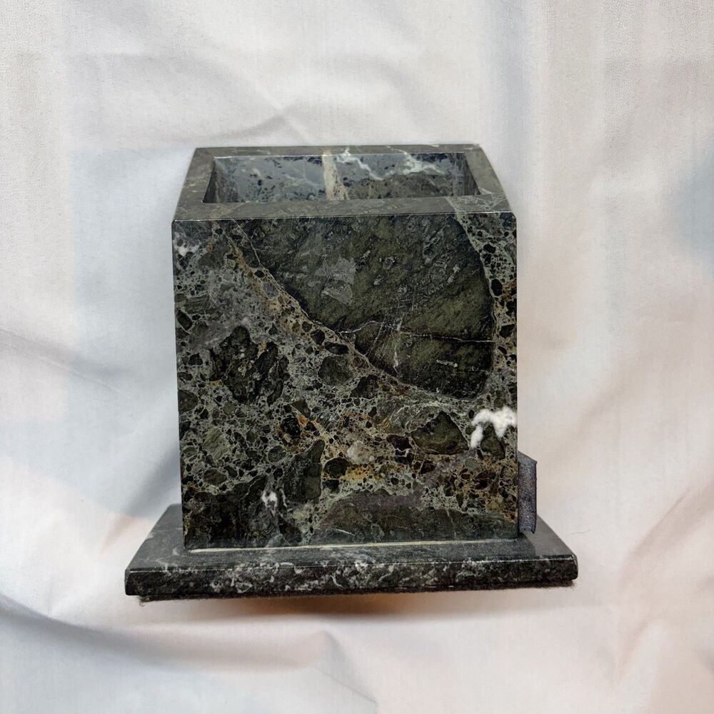 Vintage Post Modern Green Breccia Marble Pen Holder Cup Geometric Desk Organizer